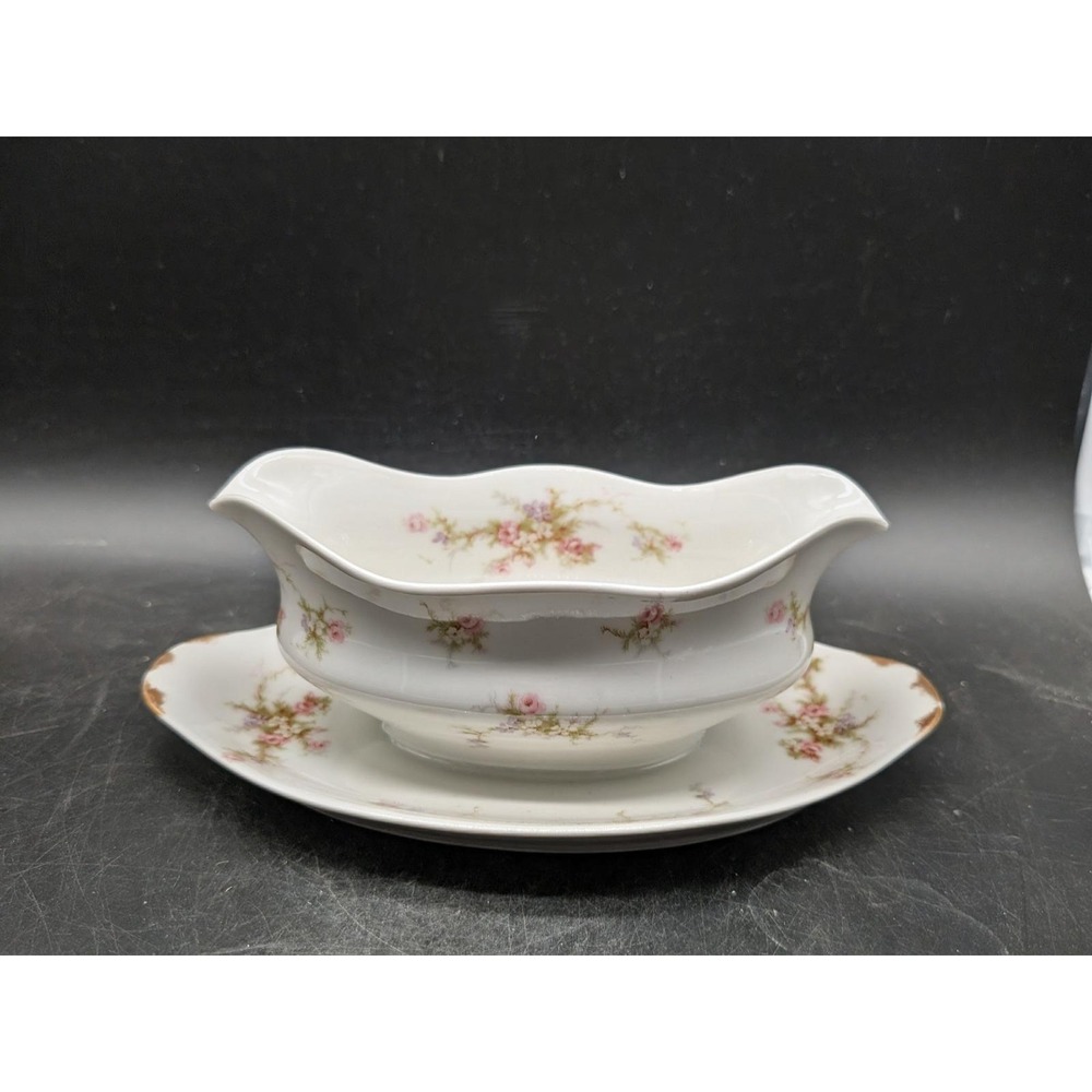 Theodore Haviland Limoges France Gravy Boat Attached Tray Pink Floral Gold Trim‎